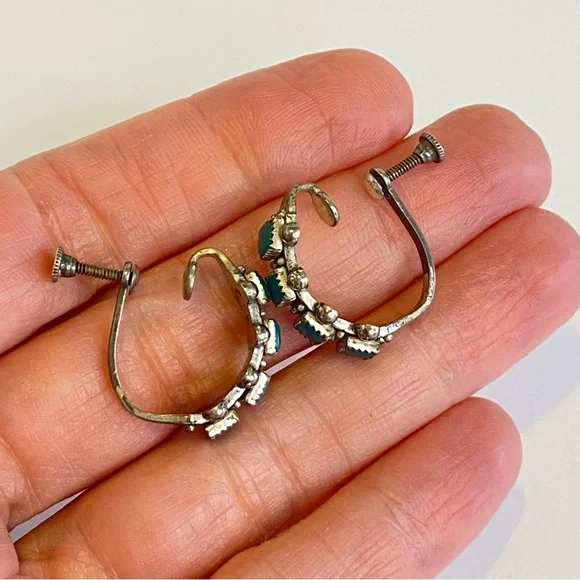 Vintage Sterling Silver Turquoise Screw Back Earrings Hoop Southwestern Native - Picture 7 of 13